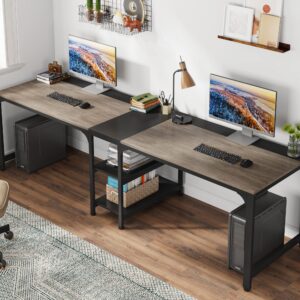 Tribesigns 90.55'' 2 Person Desk with Storage Shelves, Double Computer Desk with Spacious Desktop, Extra Long Study Writing Table Workstation for Home Office (Black & Gray)