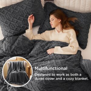 Bedsure Fluffy Comforter Cover Set - Faux Fur Duvet Cover King Size, Dark Grey Plush Quilt Cover, 3 Pieces,1 Duvet Cover (104"x90") with Zipper Closure and 2 Pillow Shams, Comforter Not Included