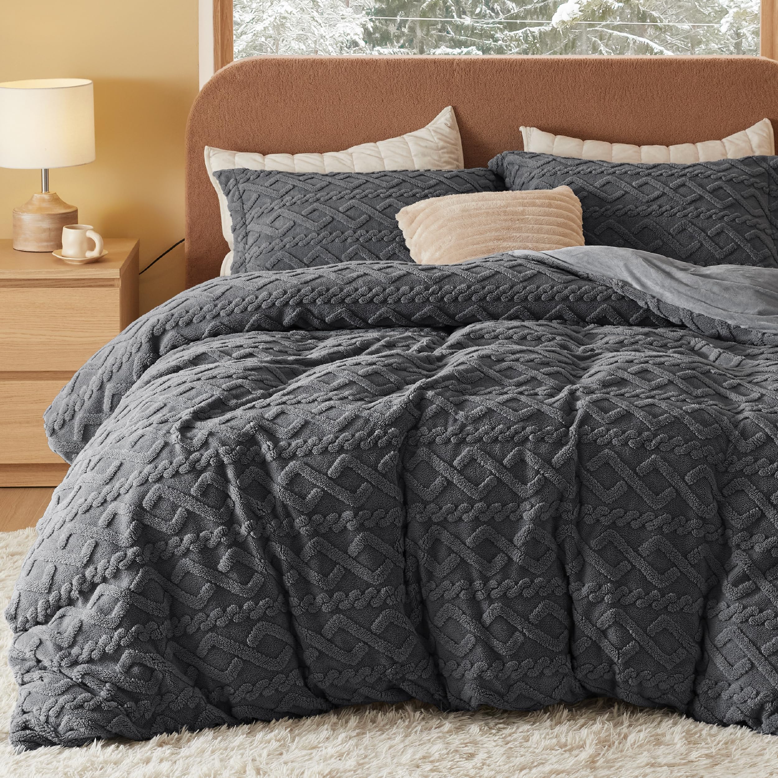 Bedsure Fluffy Comforter Cover Set - Faux Fur Duvet Cover King Size, Dark Grey Plush Quilt Cover, 3 Pieces,1 Duvet Cover (104"x90") with Zipper Closure and 2 Pillow Shams, Comforter Not Included