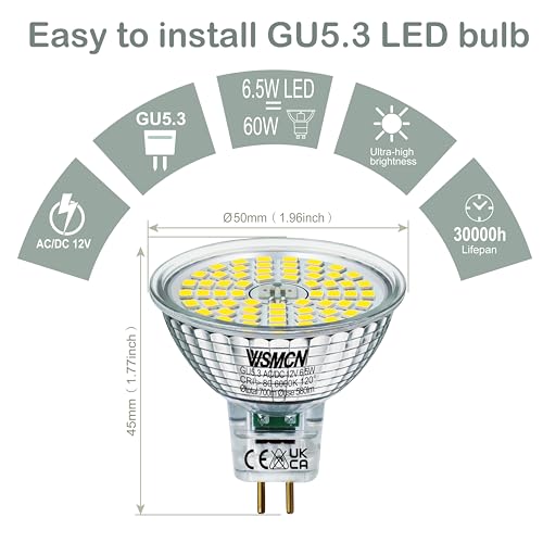 WSMCN MR16 GU5.3 LED Bulbs, Daylight Bright Cool White 6000K 700 Lumens Lamp, Non-dimmable, 6.5W Equivalent to 60W Halogen, AC/DC 12V LED Spotlight Bulb, 120° Beam Angle, Pack of 6