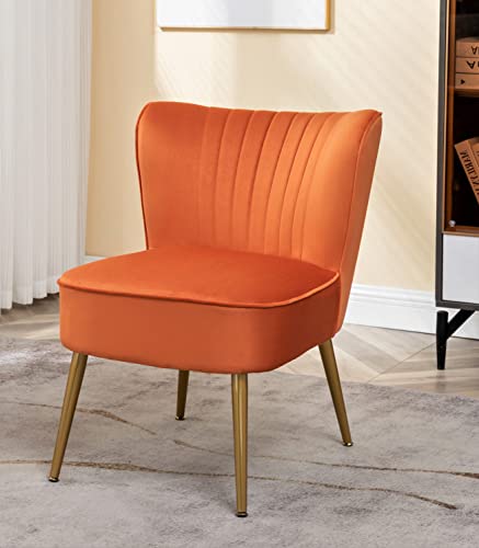 US Pride Modern Furniture Velvet Accent Chair for Living Room, Bedroom, or Entryway - Stylish and Comfortable Armless Design with Metal Legs, Orange Red