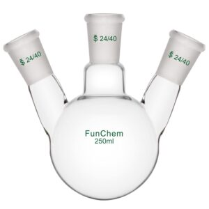 funchem three necks round bottom flask rbf, glass 3-neck boiling flask with 24/40 standard taper outer joint, 250 ml