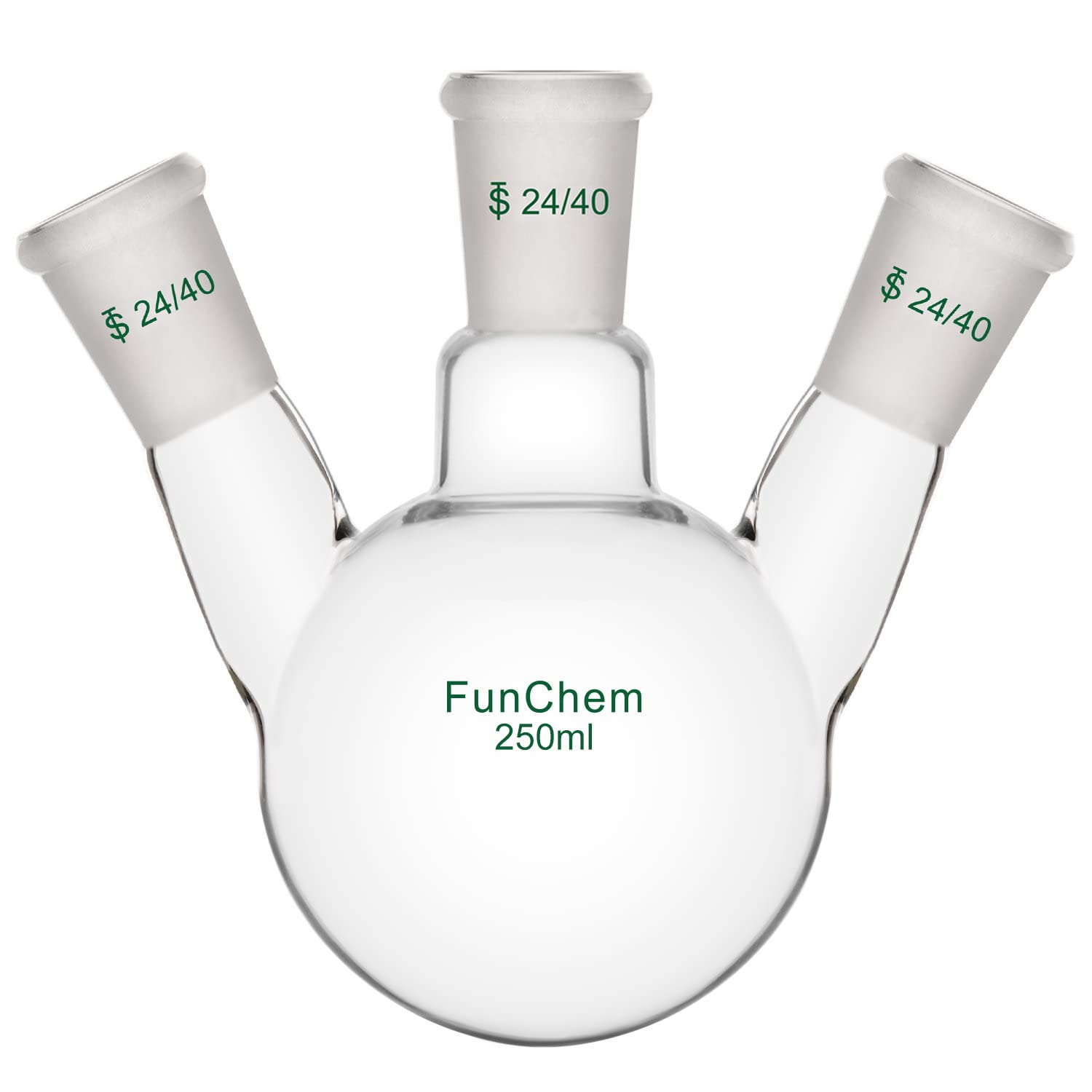 FunChem Three Necks Round Bottom Flask RBF, Glass 3-Neck Boiling Flask with 24/40 Standard Taper Outer Joint, 250 ml