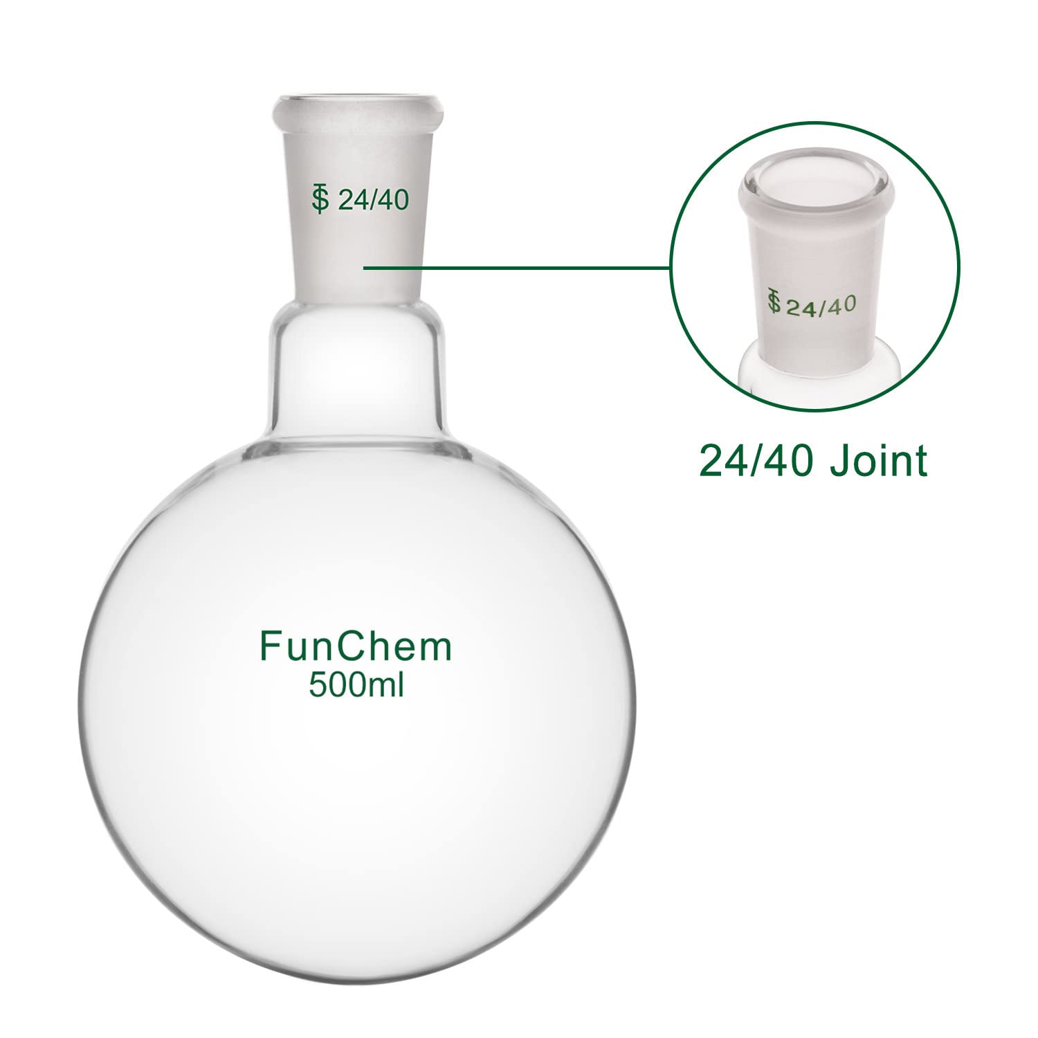 FunChem Single Neck 1 Neck Round Bottom Flask RBF, Glass Boiling Flask with 24/40 Standard Taper Outer Joint, 500 ml