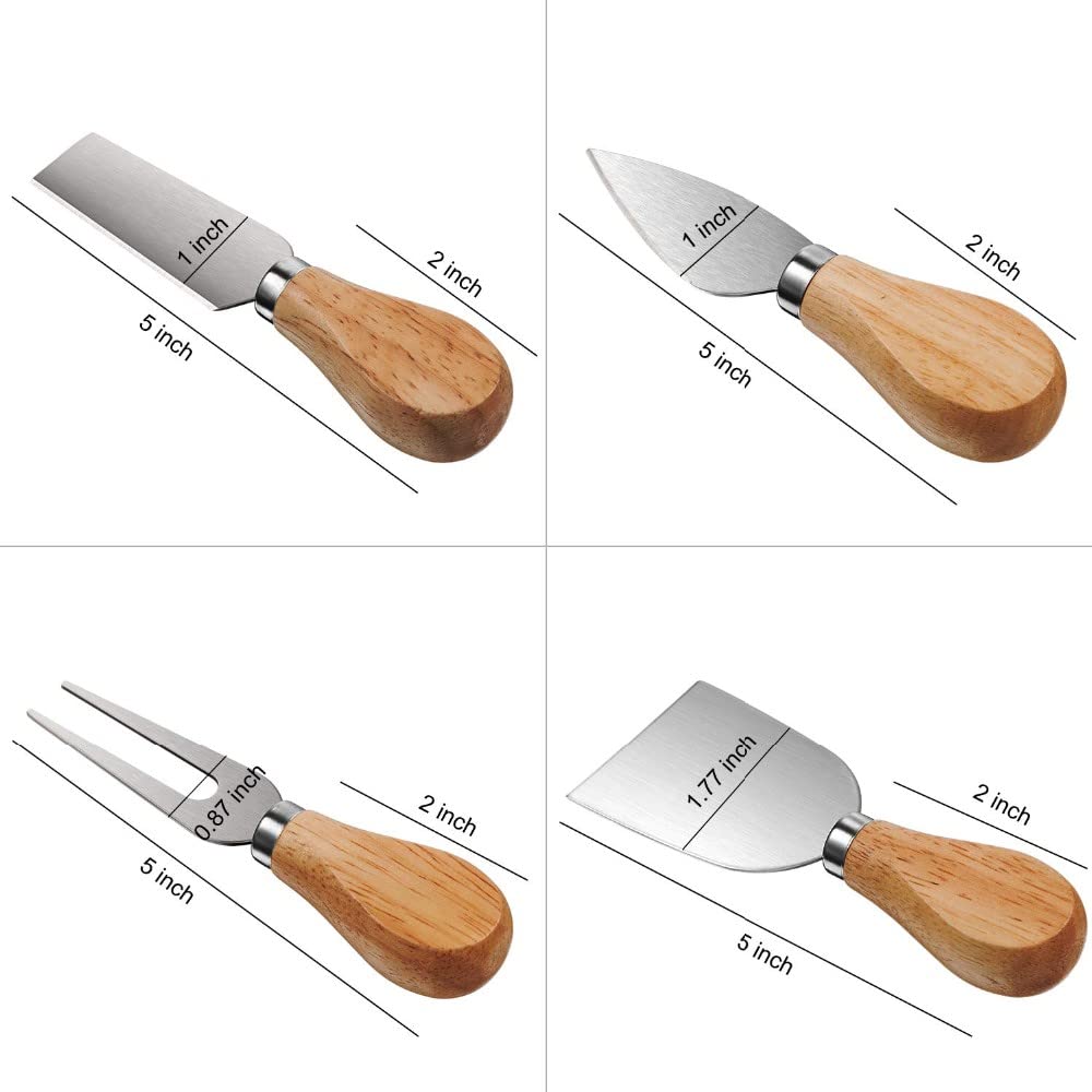 Acacia Wood Cheese Knife Set of 4 - Stainless Steel with Magnet - Knives and Block - Cheese Knife, Cheese Fork, Heart Knife, Shovel