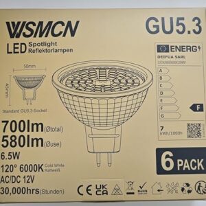 WSMCN MR16 GU5.3 LED Bulbs, Daylight Bright Cool White 6000K 700 Lumens Lamp, Non-dimmable, 6.5W Equivalent to 60W Halogen, AC/DC 12V LED Spotlight Bulb, 120° Beam Angle, Pack of 6