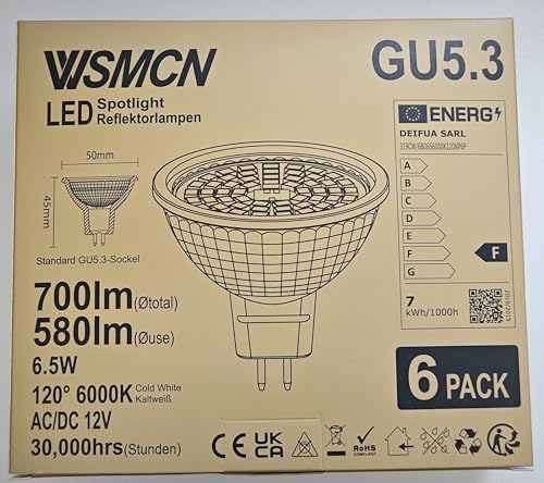 WSMCN MR16 GU5.3 LED Bulbs, Daylight Bright Cool White 6000K 700 Lumens Lamp, Non-dimmable, 6.5W Equivalent to 60W Halogen, AC/DC 12V LED Spotlight Bulb, 120° Beam Angle, Pack of 6