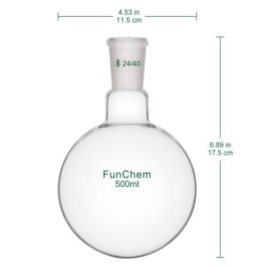 FunChem Single Neck 1 Neck Round Bottom Flask RBF, Glass Boiling Flask with 24/40 Standard Taper Outer Joint, 500 ml