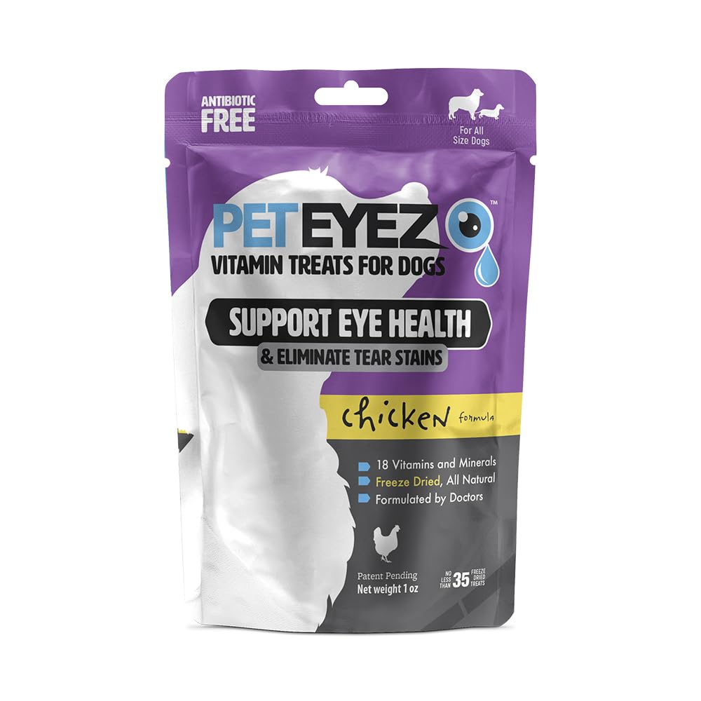 PetEyez Tear Stain Remover Vitamin Treats for Dogs - Support Eye Health & Reduce Itching & Tear Stain Buildup - 100% Natural Dog Treats w/Superfoods, Antioxidants & Nutrients - Chicken Flavor - 1oz