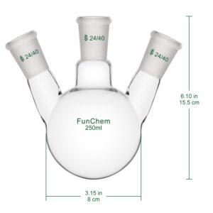 FunChem Three Necks Round Bottom Flask RBF, Glass 3-Neck Boiling Flask with 24/40 Standard Taper Outer Joint, 250 ml