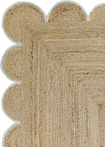 RAJPUTANA Rug Weaving Village Scalloped Natural Jute Area Rug, Hand Woven Classic Rug Kitchen Rugs, Rugs for Living & Bedroom (Off White, 2'6''x6')