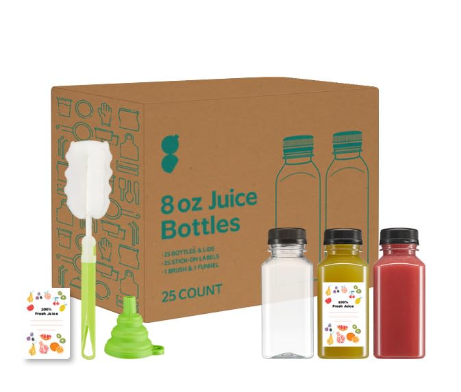 Comfy Package [8 oz. - 25 Count Reusable Plastic Juice Bottles With Caps, Labels, Brush, and Silicone Funnel - Clear plastic Bottles with Caps, Juice Containers with lids, for All Beverages