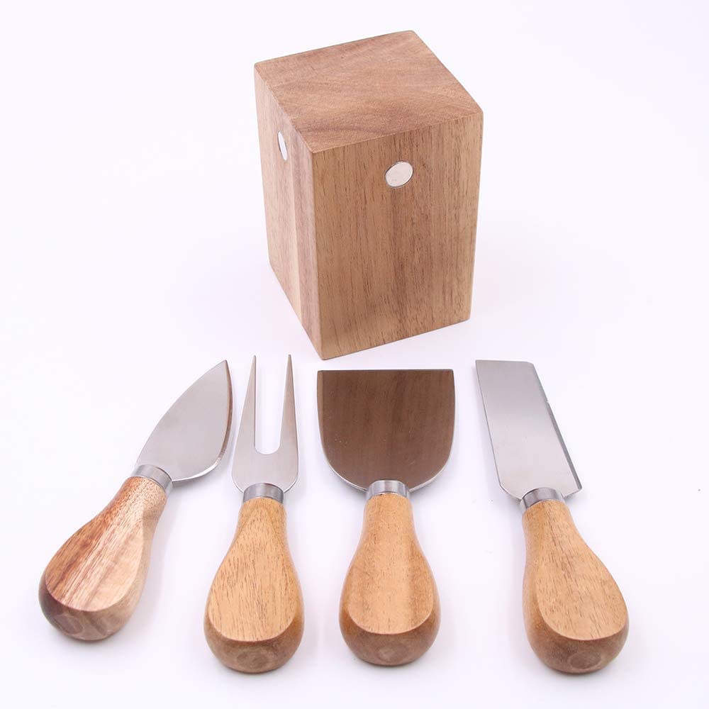 Acacia Wood Cheese Knife Set of 4 - Stainless Steel with Magnet - Knives and Block - Cheese Knife, Cheese Fork, Heart Knife, Shovel