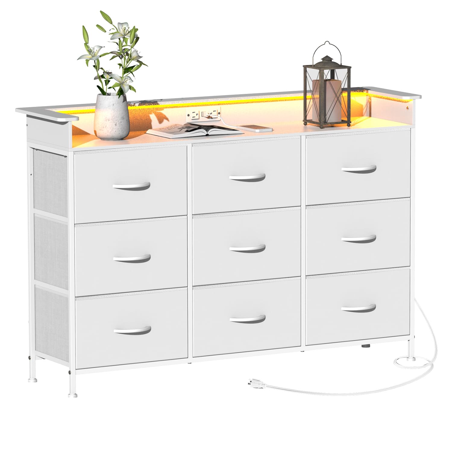 EXOTICA White Dresser with LED Light for Bedroom 9 Drawer Dressers with Charging Station Chests of Drawers for Entryway Closet Living Room Hallway Sturdy Steel Frame Wooden Top Easy Pull Handle