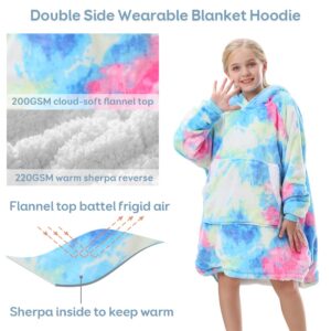 Topblan Blanket Hoodie for Kids Girls Boys Teens, Oversized Flannel & Sherpa Blanket with Hood Pocket and Sleeves, Cozy Warm Hoodie Blanket, Blue Purple