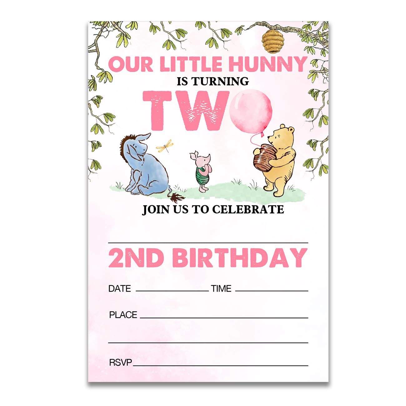 Dolimifa Winnie the Pooh 2nd Birthday Invitations Fill in Style Watercolors Winnie the Pooh Bear Pink Balloon Our Little Hunny Winnie Second Birthday Invites for 2 Year Old, 20 Count With Envelopes