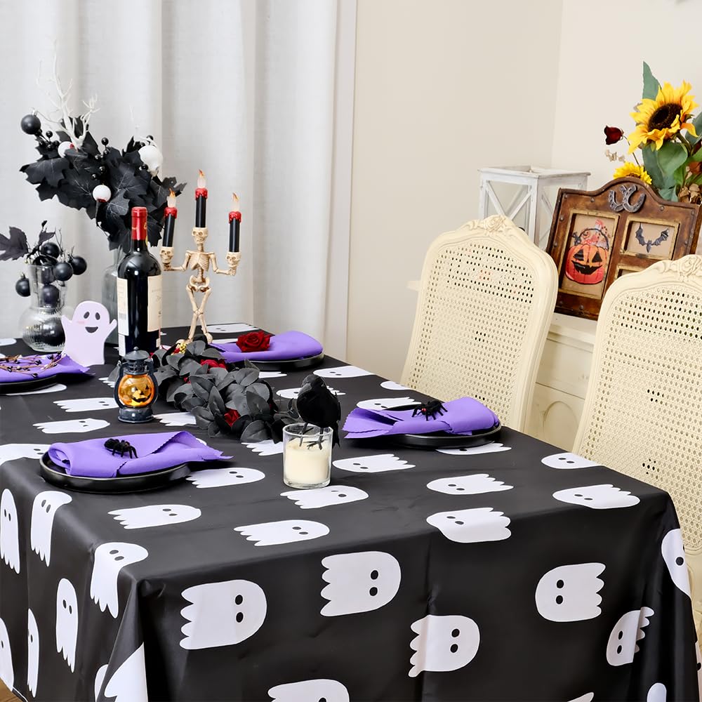 GEEORY Halloween Ghost Tablecloth, 60 x 84 Inch Rectangle Black and White Spooky Holiday Decorative Table Cover, Decoration for Kitchen Dinning Indoor Outdoor Dinner Party GTC030-84