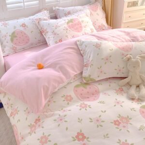 SOULZZZ White Pink Duvet Covers Queen Size - Pink Strawberry Bedding Queen Comforter Sets 3 PCS with Zipper Closure Duvet Cover & 2 Pillow Shams (No Comforter)