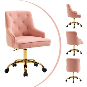 LOVSPATIO Velvet Home Office Chair,Swivel Adjustable Accent Vanity Chair with Golden Legs and Arms Nailhead Trim for Bedroom Living Room Office (Pink)