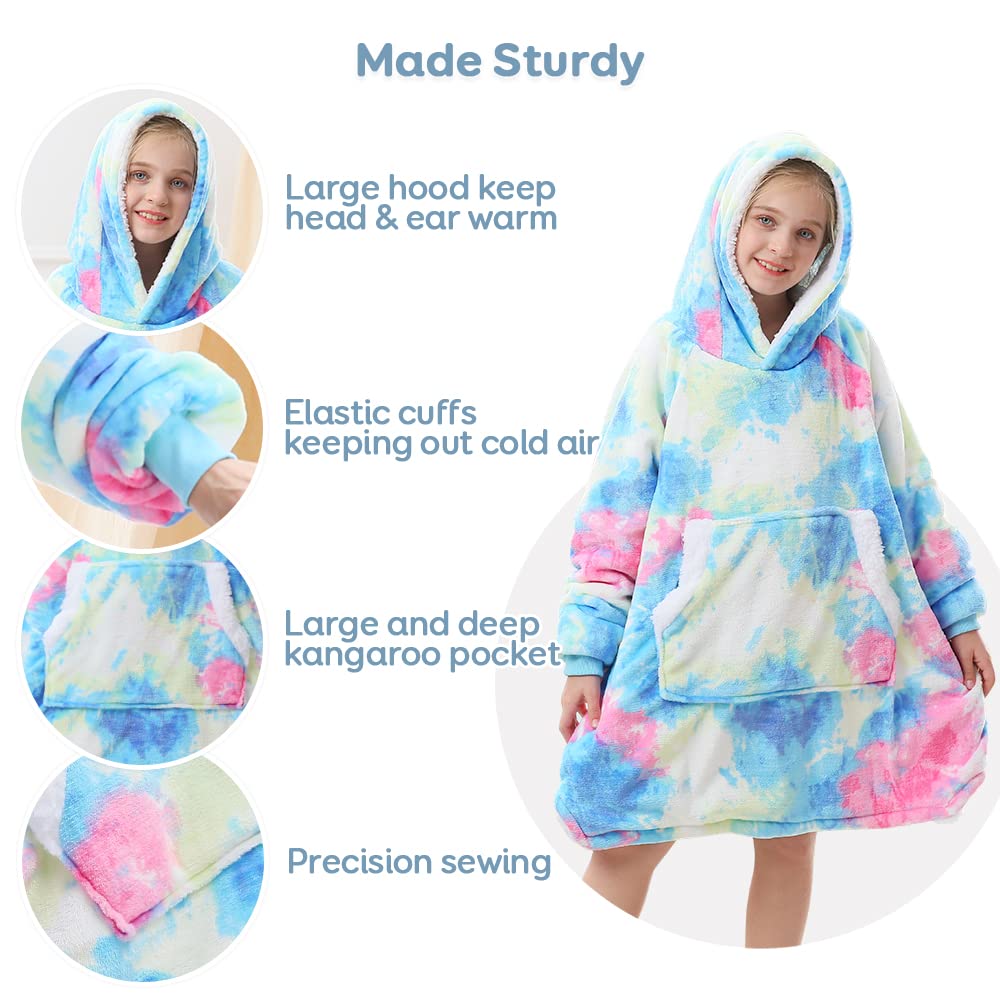 Topblan Blanket Hoodie for Kids Girls Boys Teens, Oversized Flannel & Sherpa Blanket with Hood Pocket and Sleeves, Cozy Warm Hoodie Blanket, Blue Purple