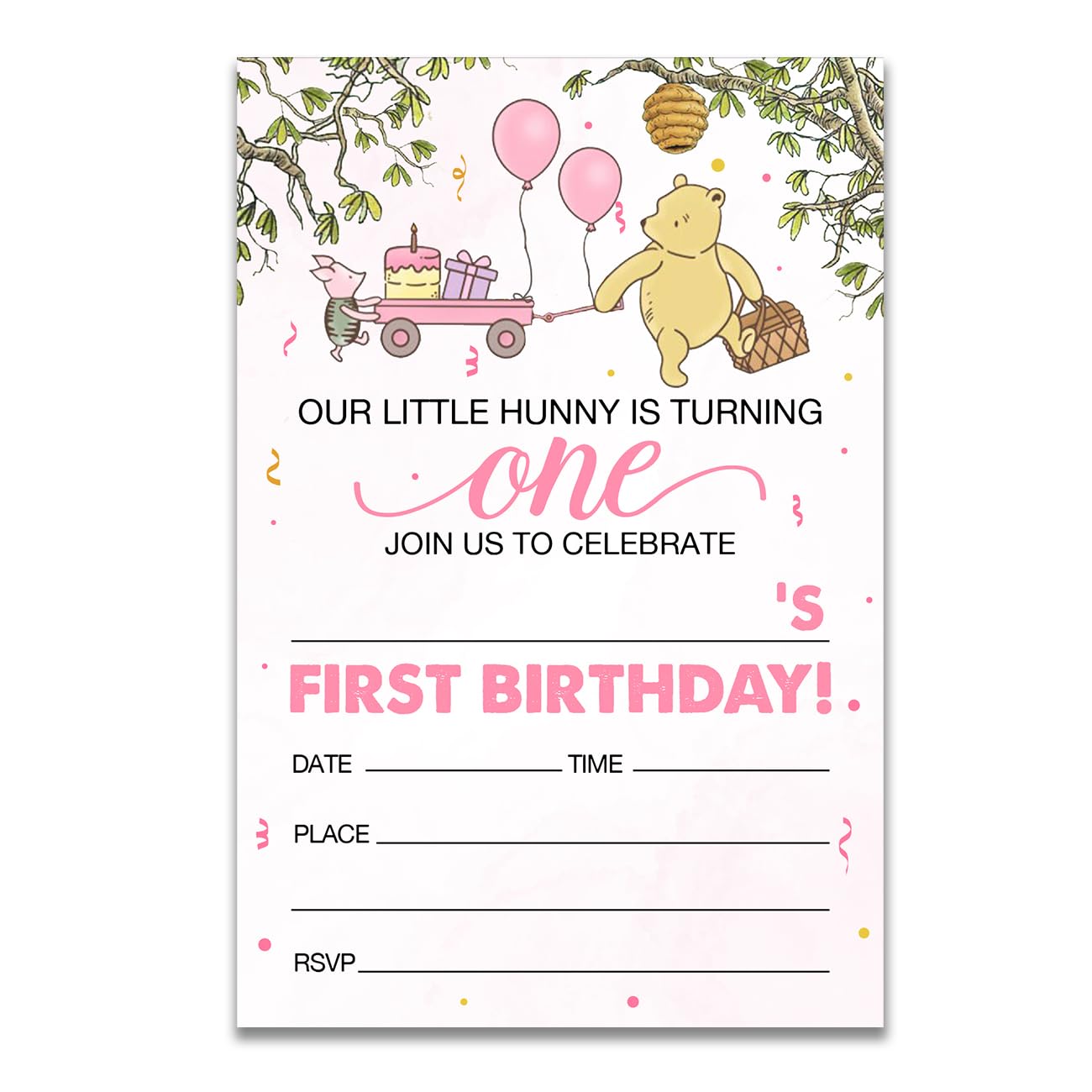 Dolimifa Winnie the Pooh 1st Birthday Invitations Fill in Style Winnie the Pooh Bear Pink Balloon Winnie Our Little Hunny First Birthday Invites, 20 Count With Envelopes