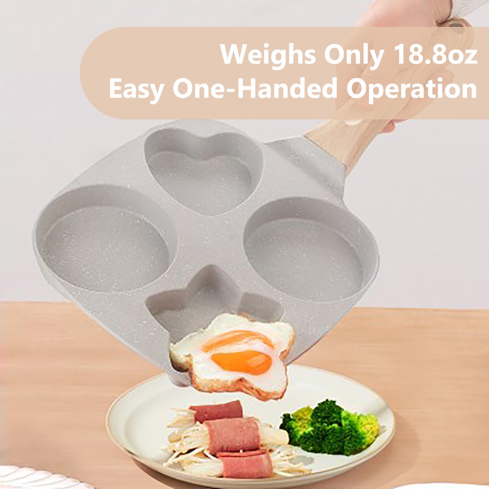 4 Cup Egg Frying Pan, Easy Breakfast Egg Pancake Burger Cooker, Aluminium Alloy Nonstick Frying Pot with Portable Wood Handle for Gas Stove & Induction Cookware