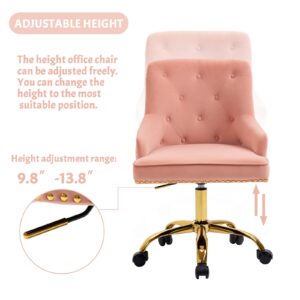 LOVSPATIO Velvet Home Office Chair,Swivel Adjustable Accent Vanity Chair with Golden Legs and Arms Nailhead Trim for Bedroom Living Room Office (Pink)