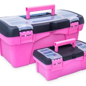 Pink Power Pink Tool Box for Women - Sewing, Art & Craft Organizer Box Small & Large Plastic Tool Box with Handle - Pink Toolbox Sewing Box Tool Storage Box - Portable Mini Locking Tool Boxes (2 Pack)