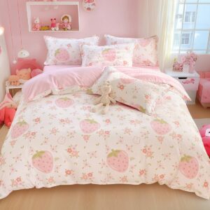 soulzzz white pink duvet covers queen size - pink strawberry bedding queen comforter sets 3 pcs with zipper closure duvet cover & 2 pillow shams (no comforter)