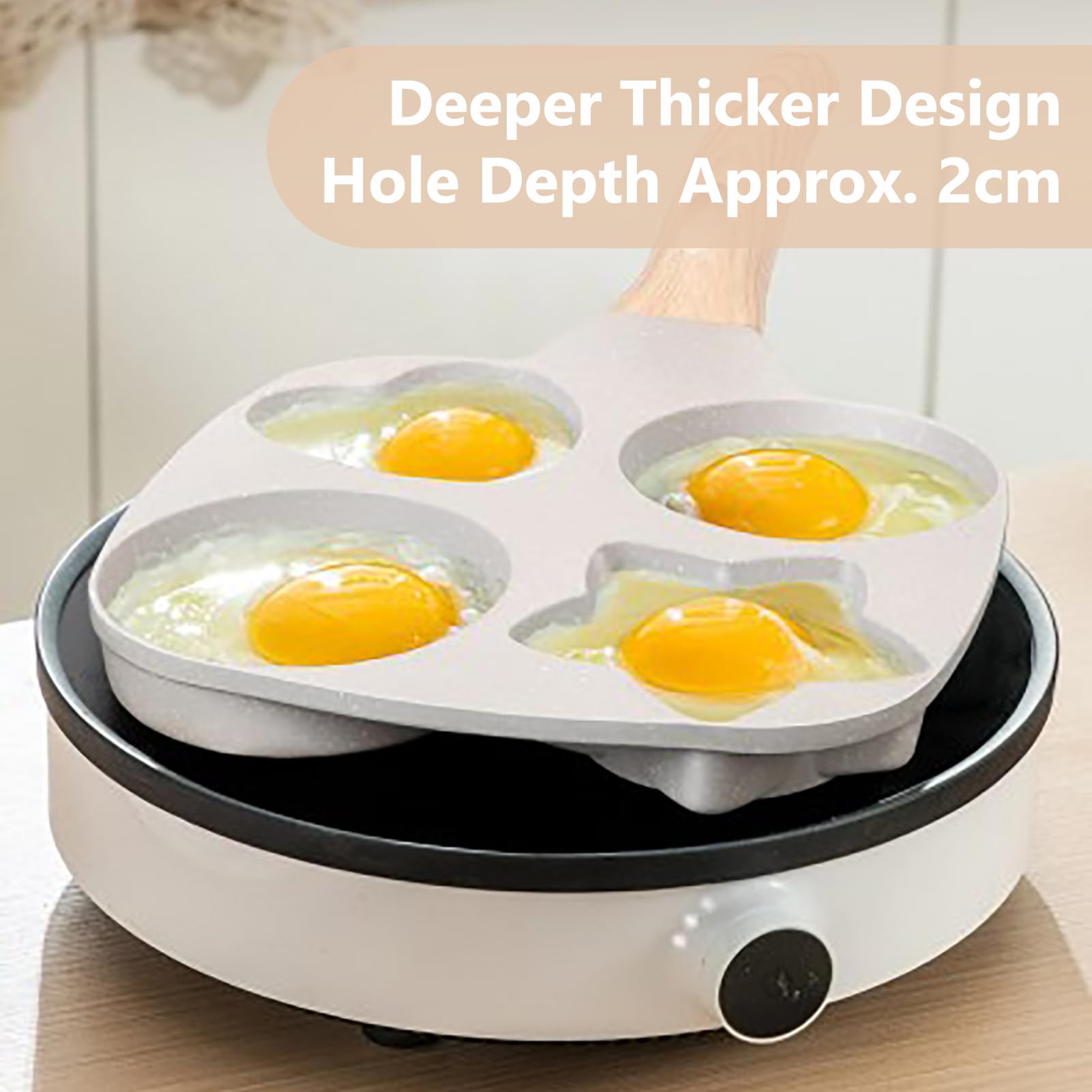 4 Cup Egg Frying Pan, Easy Breakfast Egg Pancake Burger Cooker, Aluminium Alloy Nonstick Frying Pot with Portable Wood Handle for Gas Stove & Induction Cookware