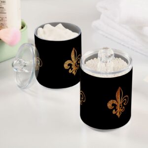 Quteprint 2 Pack Qtip Holder Dispenser, Gold Black Fleur De Lis Floral Clear Plastic Jar Bathroom Canister Storage for Cotton Swab, Cotton Ball, Floss Picks, Hair Clips, Makeup Sponges