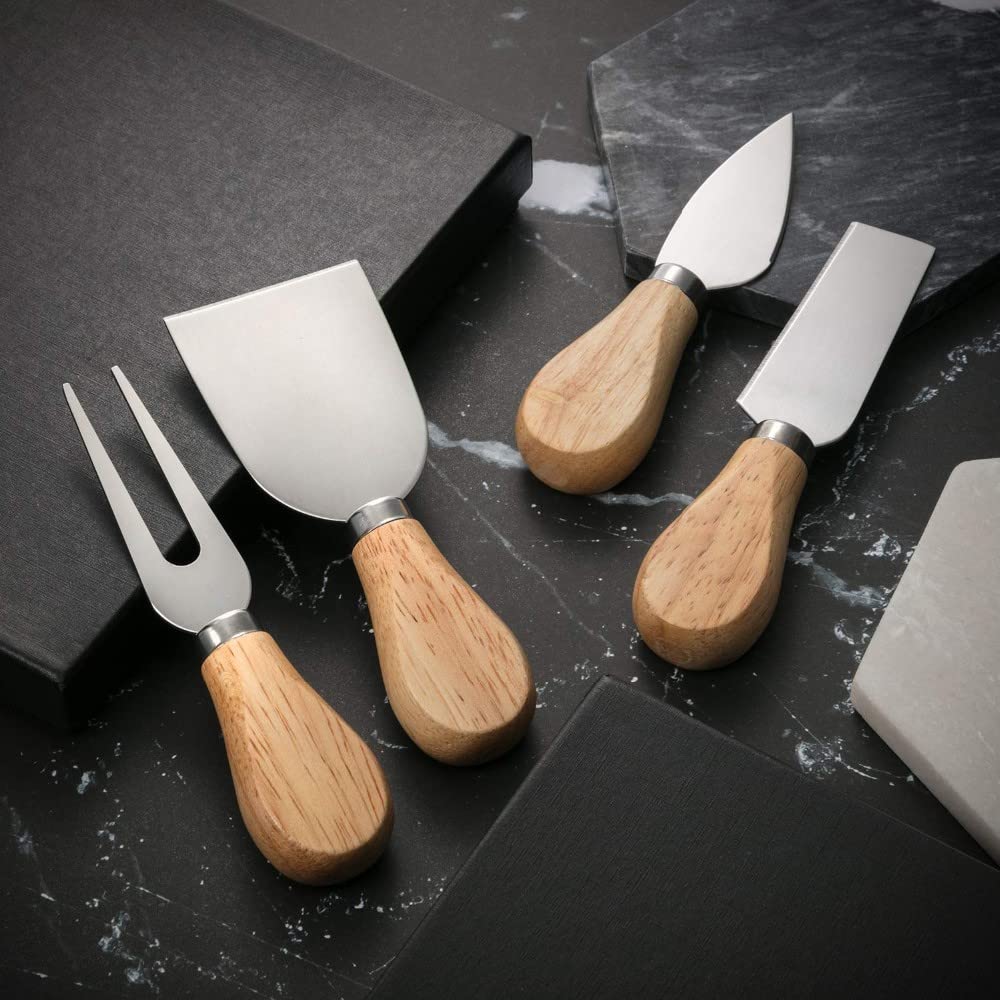 Acacia Wood Cheese Knife Set of 4 - Stainless Steel with Magnet - Knives and Block - Cheese Knife, Cheese Fork, Heart Knife, Shovel