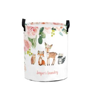 woodland animals pink floral personalized laundry basket laundry hamper clothes bag collapsible tall with handles,waterproof,storage baskets for bathroom college dorm family essentials