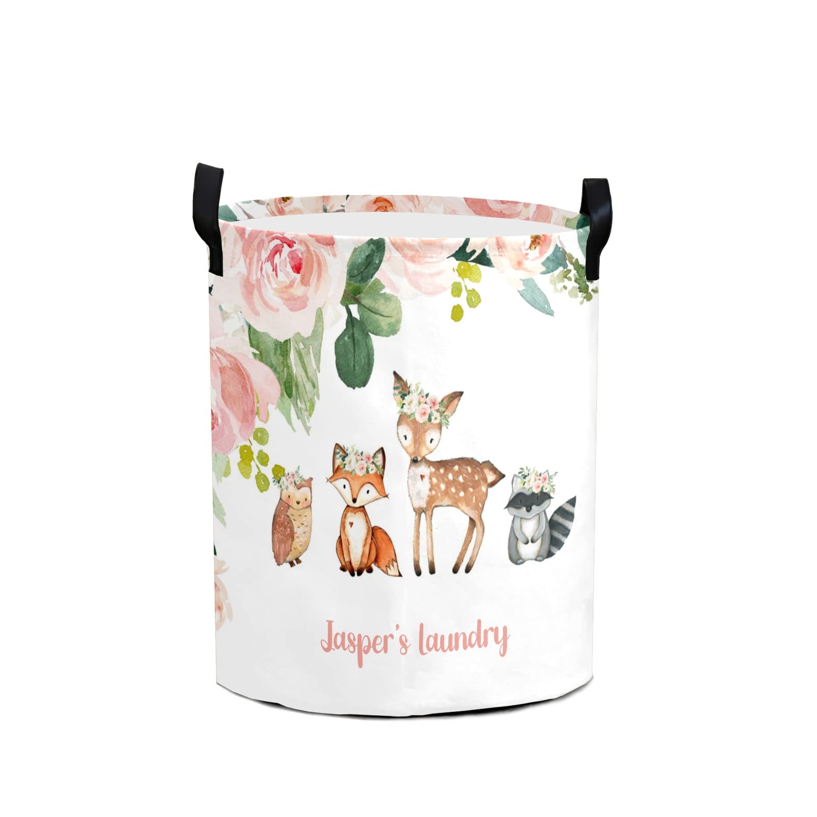 Woodland Animals Pink Floral Personalized Laundry Basket Laundry Hamper Clothes Bag Collapsible Tall with Handles,Waterproof,Storage Baskets for Bathroom College Dorm Family Essentials