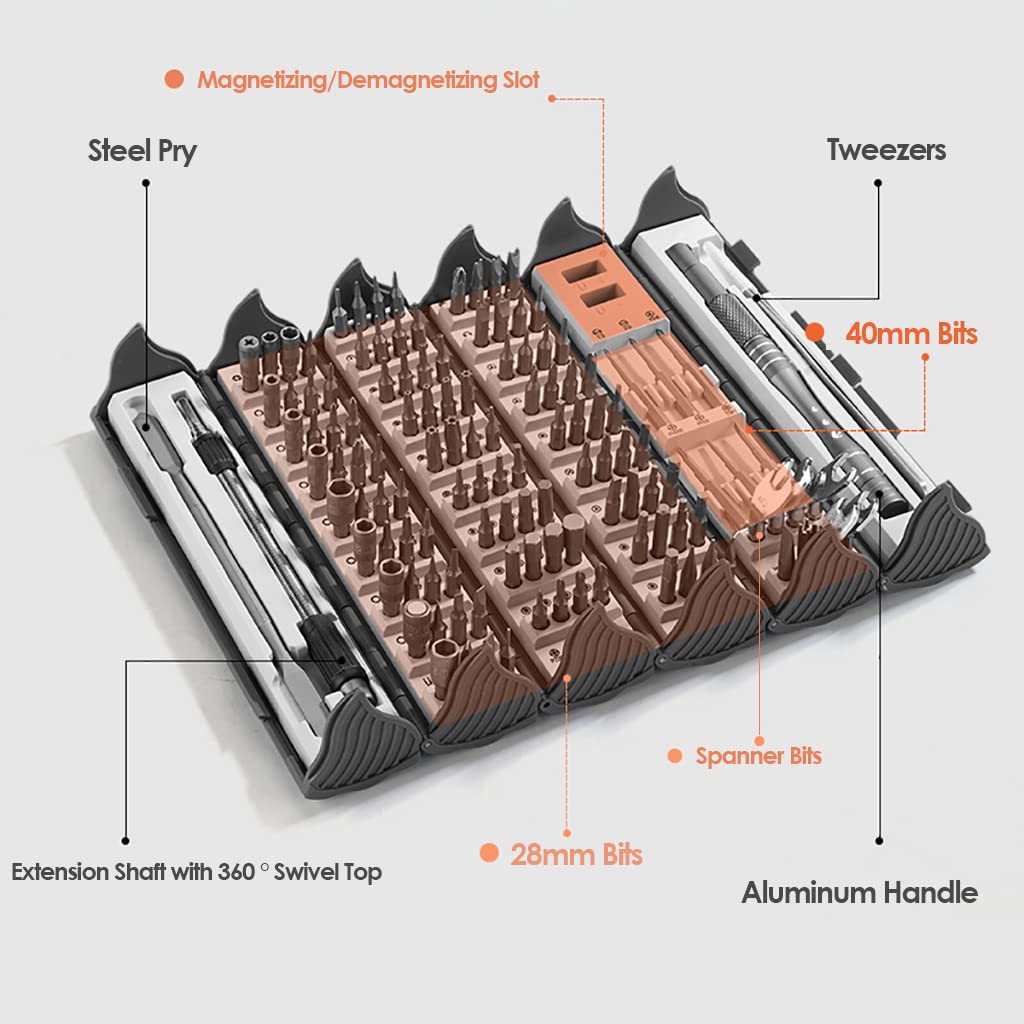 Precision Screwdriver Set Cylinder Organizing Case 128pcs in 1 Case S2 Alloy Steel HRC 56 Hardness Bits Space-saving Roll-up Case Professional Toolset Magnetizing Bit Heads for most sizes (9906)