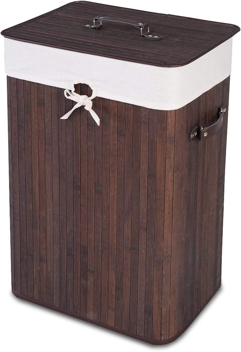 Byroce Bamboo Laundry Basket, Collapsible Laundry Hamper with Lid, Removable Liner & Handles, Dirty Clothes Toys Storage Bin for Laundry Room, Bedroom, Bathroom (Brown)