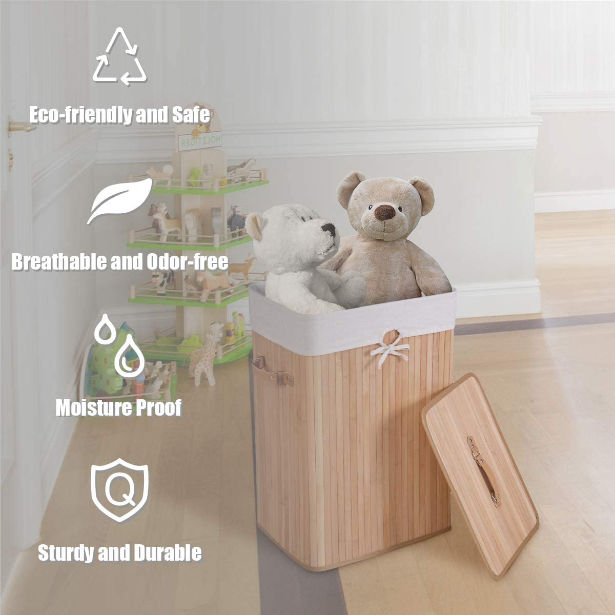 Byroce Bamboo Laundry Basket, Collapsible Laundry Hamper with Lid, Removable Liner & Handles, Dirty Clothes Toys Storage Bin for Laundry Room, Bedroom, Bathroom (Beige)