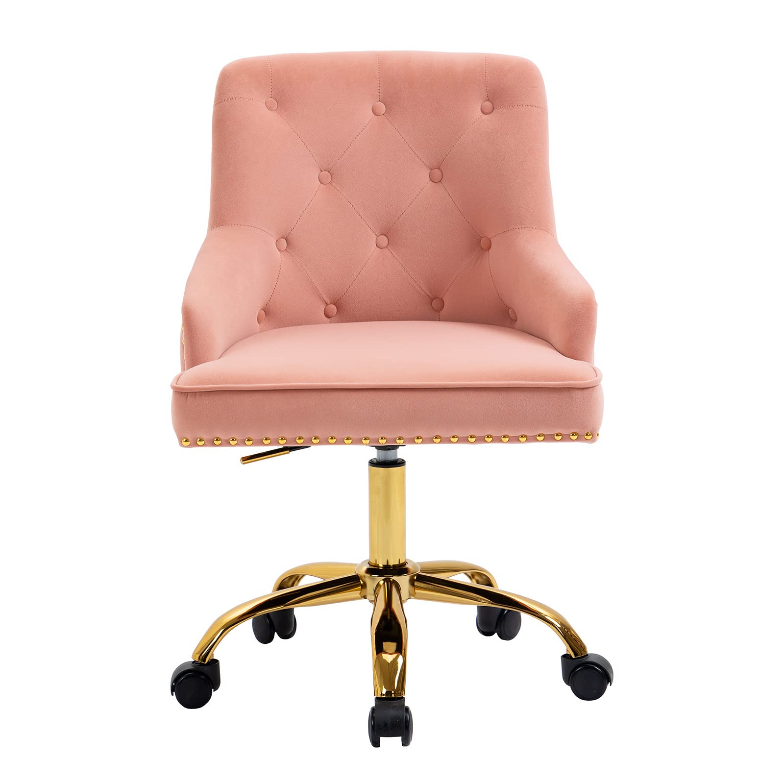 LOVSPATIO Velvet Home Office Chair,Swivel Adjustable Accent Vanity Chair with Golden Legs and Arms Nailhead Trim for Bedroom Living Room Office (Pink)