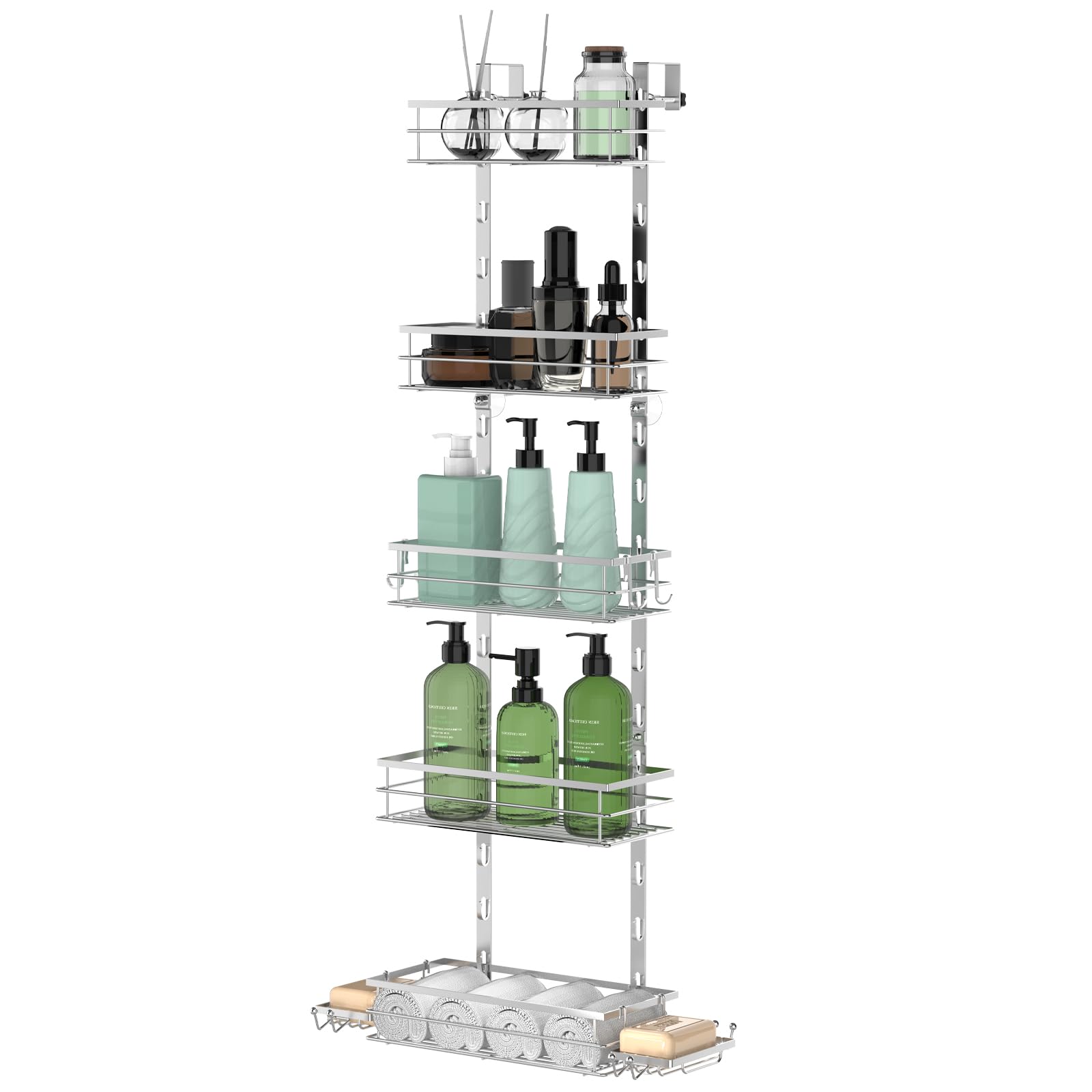 Over the Door Shower Caddy, 5-Tier Adjustable Hanging Shower Organizer Rustproof Metal Bathroom Storage Shelf Shower Basket with Soap Holder & Suction Cup for Shampoo, Conditioner, Sliver