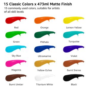 ABEIER Large Bulk Acrylic Paint Set, 15 Colors (473 ml/16 fl oz), Matte Finish, Rich Pigments, Non-Toxic Paints for Painting on Canvas Crafts Wood Ceramic, Ideal for Beginners and Students