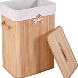 Byroce Bamboo Laundry Basket, Collapsible Laundry Hamper with Lid, Removable Liner & Handles, Dirty Clothes Toys Storage Bin for Laundry Room, Bedroom, Bathroom (Beige)