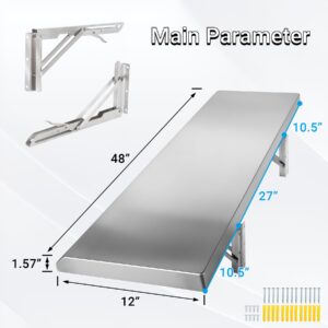 Toriexon Folding Concession Shelf 48" x 12”, Drop Down Concession Serving Window, Stainless Steel Shelf Serving Food Shelf for Windows