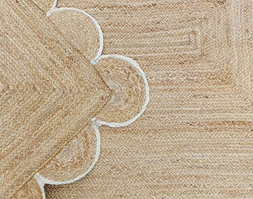 RAJPUTANA Rug Weaving Village Scalloped Natural Jute Area Rug, Hand Woven Classic Rug Kitchen Rugs, Rugs for Living & Bedroom (Off White, 2'6''x6')