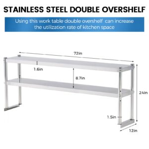 KUARBARR Stainless Steel Double Overshelves 2 Tier Overshelf for Prep & Work Table 12 x 72 Inches Height Adjustable Commercial Overshelf in Restaurant Kitchen Home