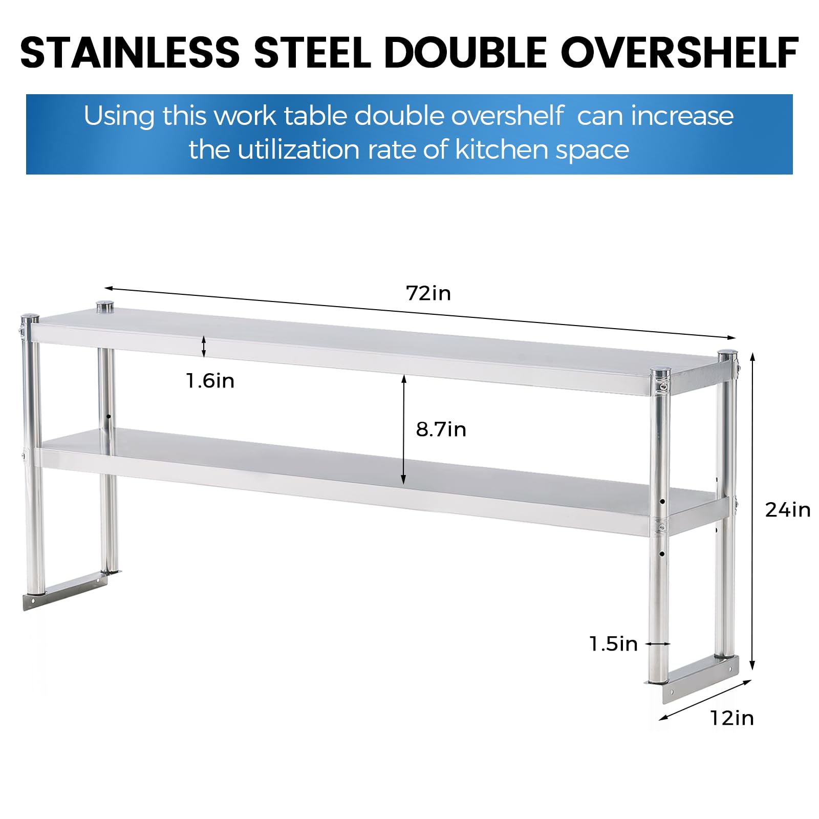 KUARBARR Stainless Steel Double Overshelves 2 Tier Overshelf for Prep & Work Table 12 x 72 Inches Height Adjustable Commercial Overshelf in Restaurant Kitchen Home