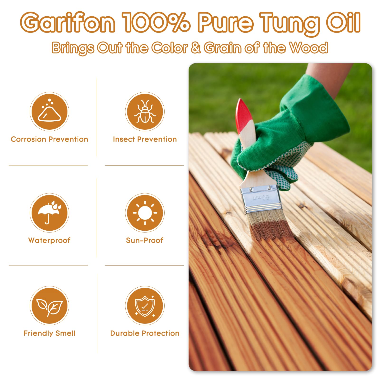 128 OZ Pure Tung Oil for Wood Outdoor/Indoor, Food Grade Wood Sealer,1 Gallon Tung Oil for Wood Food Safe, Waterproof Sealer for Wood, Tung Oil Finish,Wood Oil for Outdoor Furniture/Cutting Board/Teak