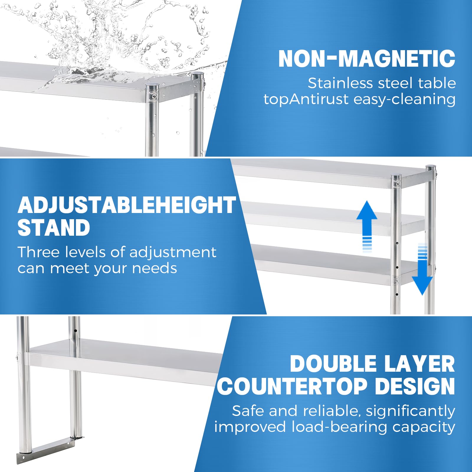 KUARBARR Stainless Steel Double Overshelves 2 Tier Overshelf for Prep & Work Table 12 x 72 Inches Height Adjustable Commercial Overshelf in Restaurant Kitchen Home