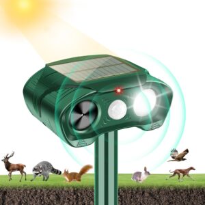 Solar Ultrasonic Animal Repellent Outdoor Waterproof Cat Repellent with Motion Sensor & LED Flashing Light Deer Repellent Devices for Rabbit Bird Fox Raccoon Squirrel Skunk