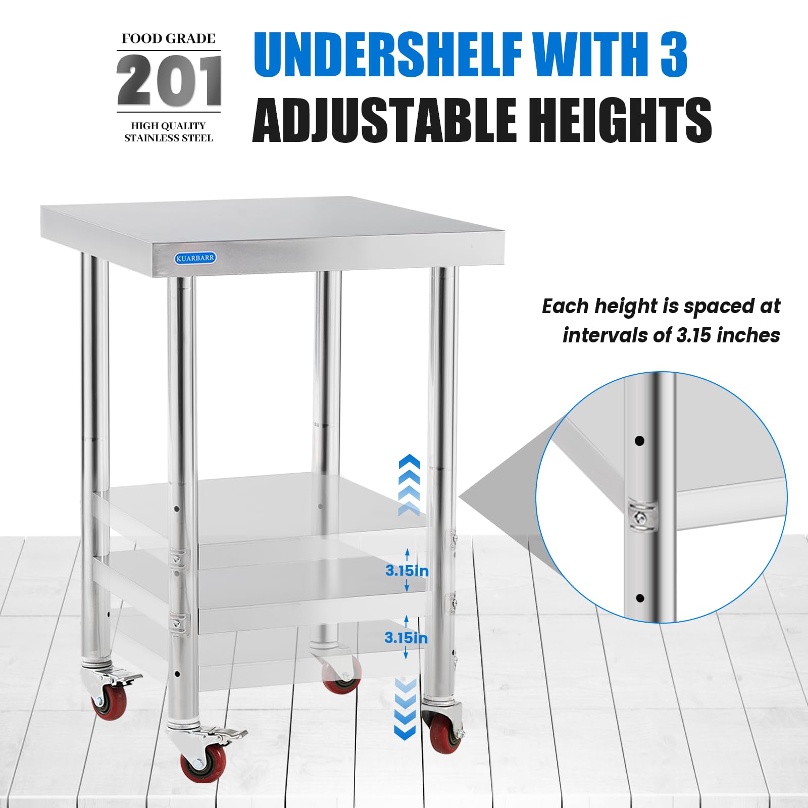 KUARBARR Stainless Steel Table for Prep & Work with 4 Caster Wheels with Undershelf 18 x 24 NSF Metal Commercial Kitchen Prep Table with Adjustable Under Shelf Worktable for Restaurant Home Outdoor