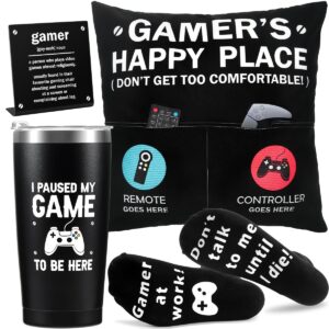 gamer gifts for men boyfriend teenage boy birthday christmas gifts box- easter basket stuff game room decor gaming gift for man him video game lover (gamer tumbler+pillow cover+socks+stainless sign)